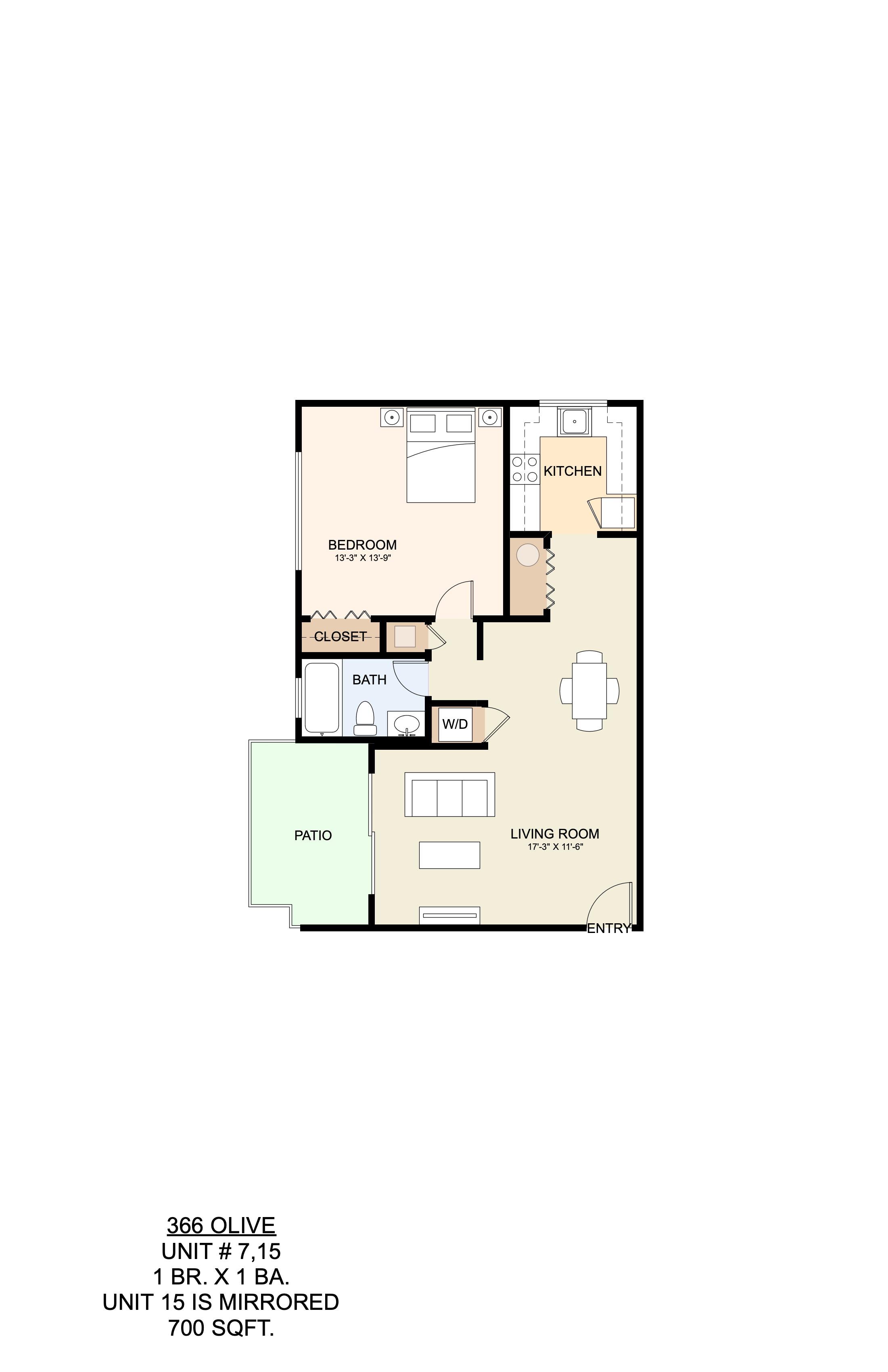 Floor plan for 1 bed, 1 bath, 930 sqft